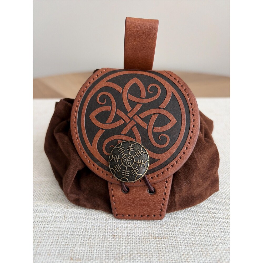 Irish Celtic Leather Pouch Belt Bag, Suede Drawstring Purse